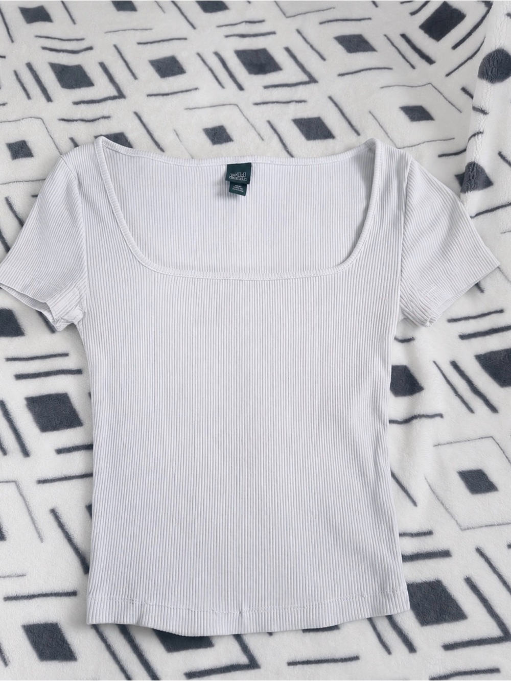 White Ribbed Square-Neck Short Sleeve Top